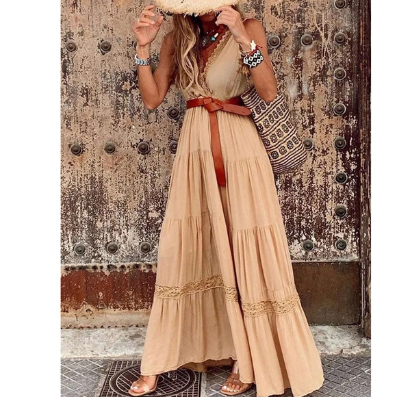 BellanBlue Dresses & Skirts - Boho Tan Surplice Sleeveless Ruffle Hem Maxi Dress